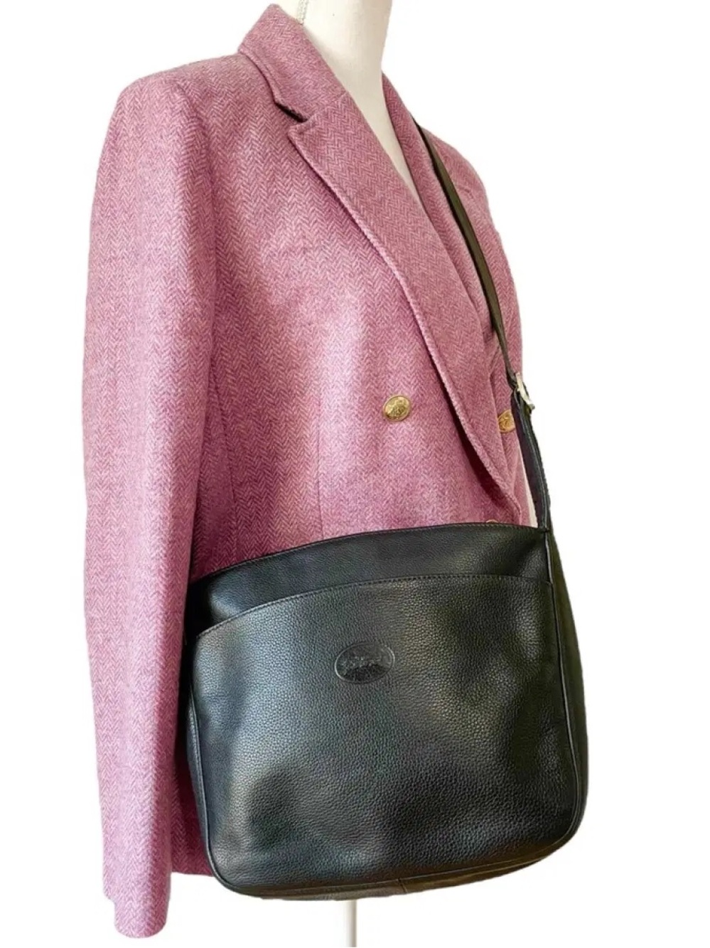 Longchamp Vintage Black Leather Crossbody with Gold Hardware